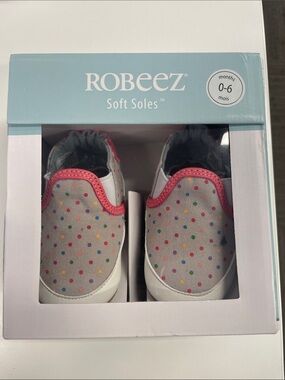 Robeez Soft Sole Slip-On Shoes in White with Multicolor Polka Dots and Pink Trim